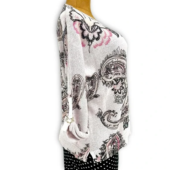 Chico's Blush Pink Paisley Sweater Sz 3 (XL) 3/4 Roll Tab Sleeve Romantic Cotton - Picture 10 of 12